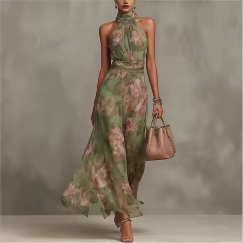 Novo Vestido Maxi Feminino Estampado Floral Sem Mangas com Gola Halter, Moda Verão, Gola Alta, Cintura Franzida, Elegante e Chique para Festas e Feriados