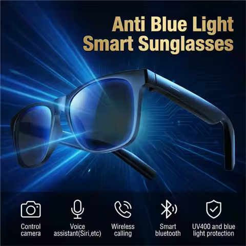 Óculos de Sol Inteligentes com Câmera, Controle Bluetooth, Assistente de Voz para Siri, Reprodutor de Música, Proteção UV400 e Contra Luz Azul, para Esportes e Direção